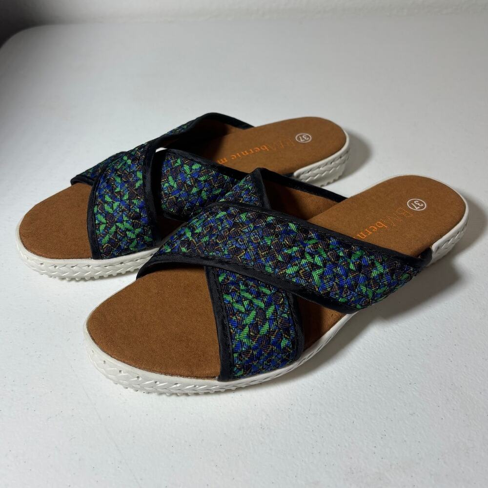 Bernie Mev NWOT Size 6 (EU 37) Avon Slip-On Sandals Blue Green Mosaic Woven